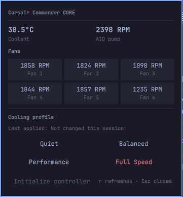 Corsair Cooling plugin showing coolant temperature, AIO pump speed, six fan speeds, and cooling profiles in Omarchy